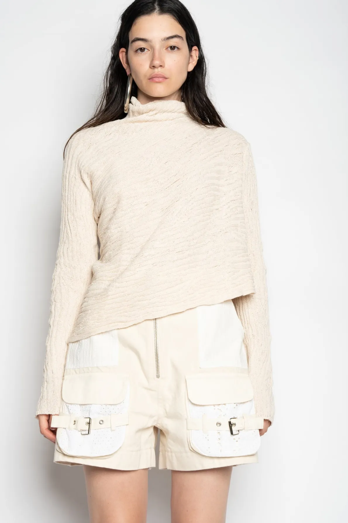 BEIGE RECYLED COTTON KNIT DRAPED JUMPER
