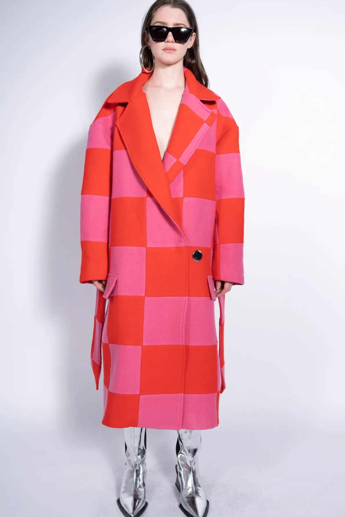 PINK AND RED CHECKED LONG COAT
