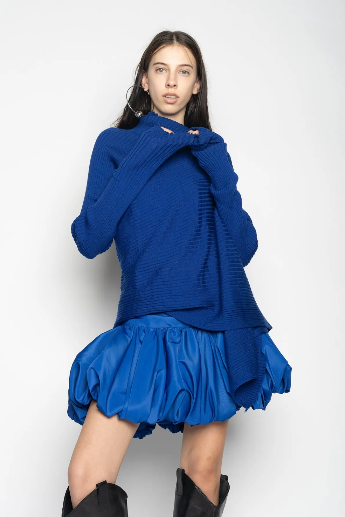 BLUE DRAPED JUMPER IN MERINO KNIT