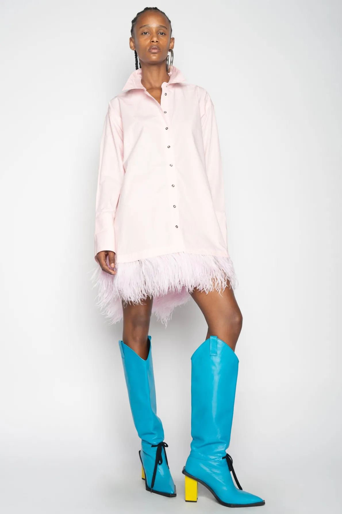 LIGHT PINK FEATHER HEM SHIRT DRESS