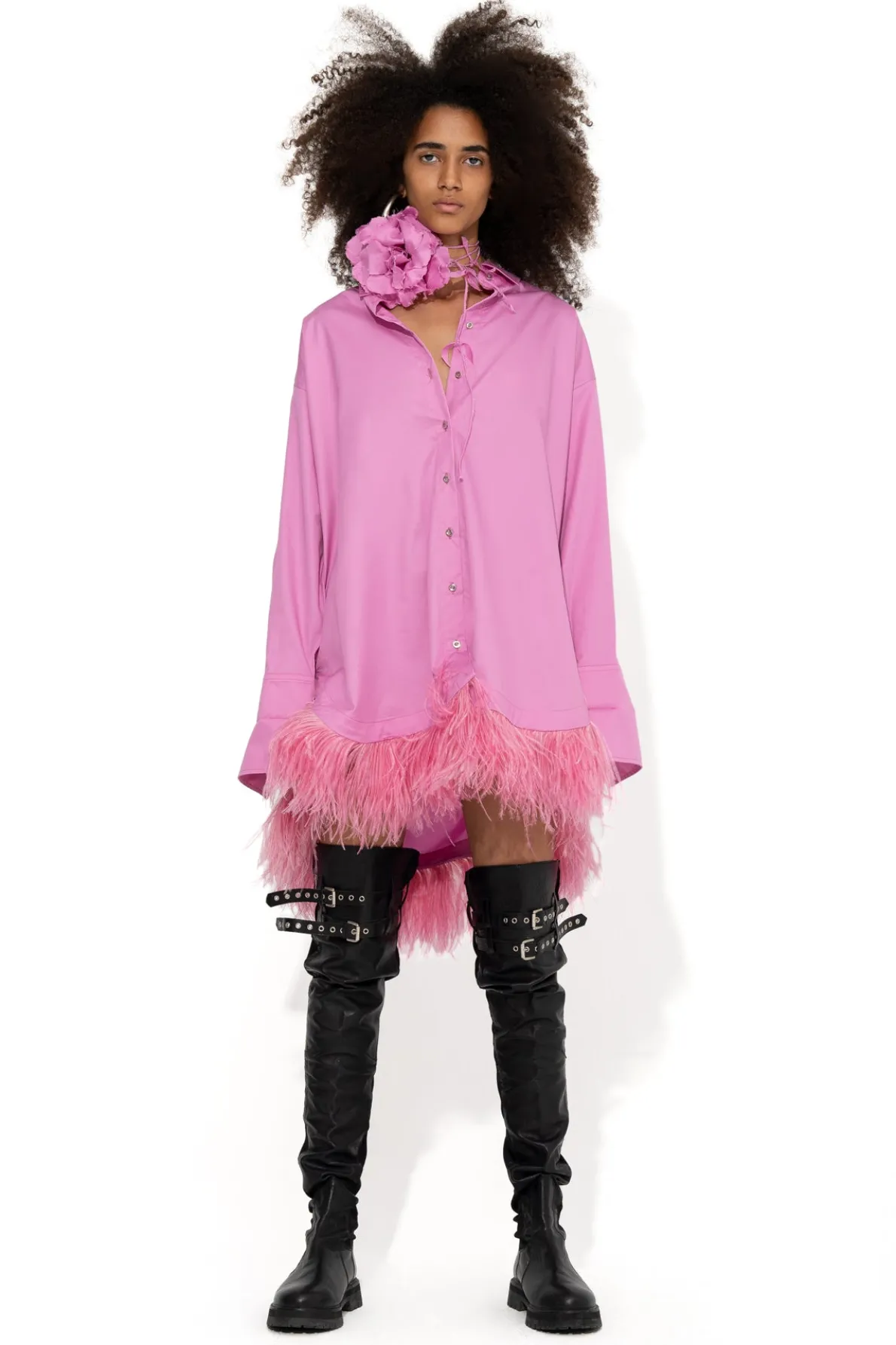 PINK FEATHER HEM SHIRT DRESS