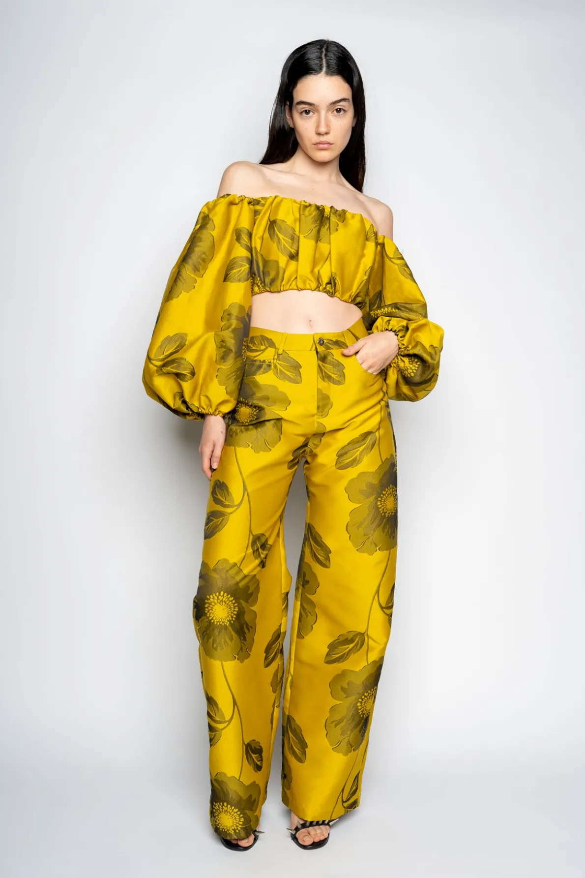 MUSTARD FLORAL BOYFRIEND TROUSERS