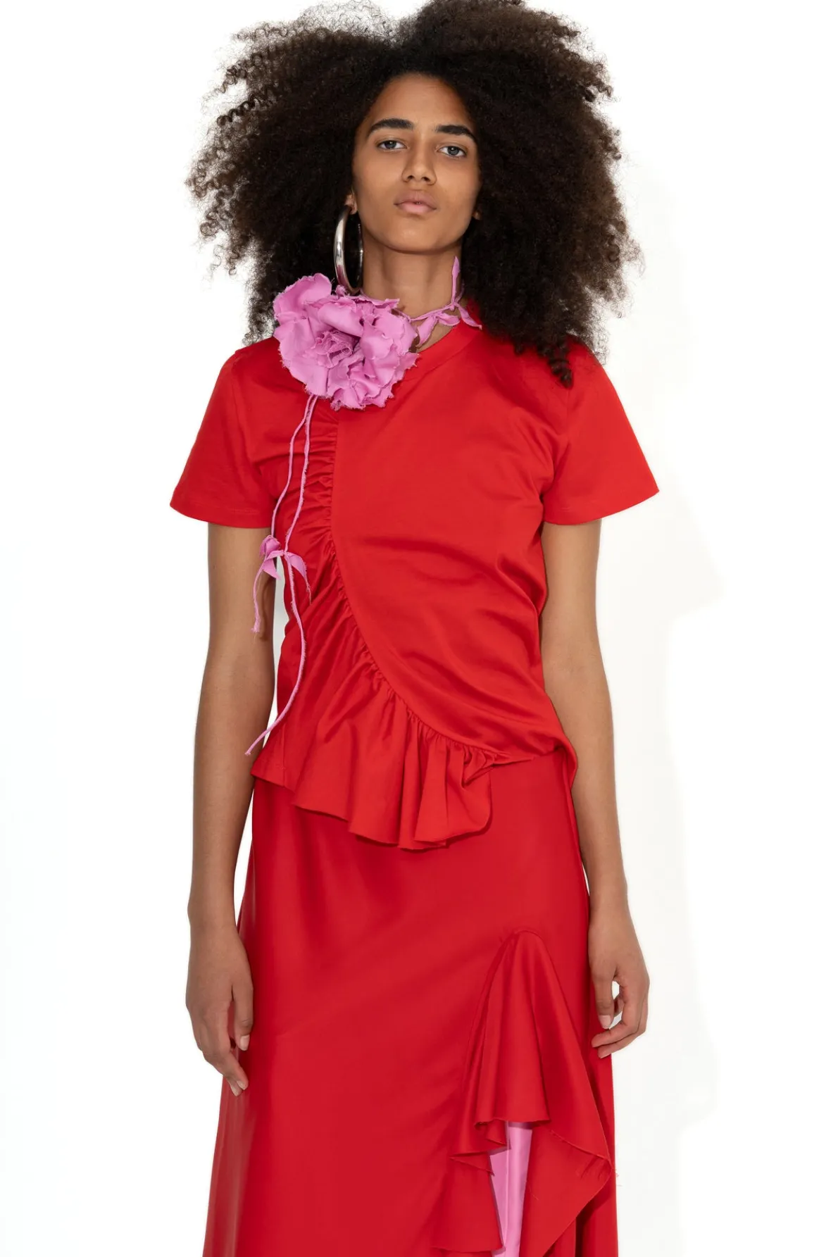 RED GATHERED T-SHIRT