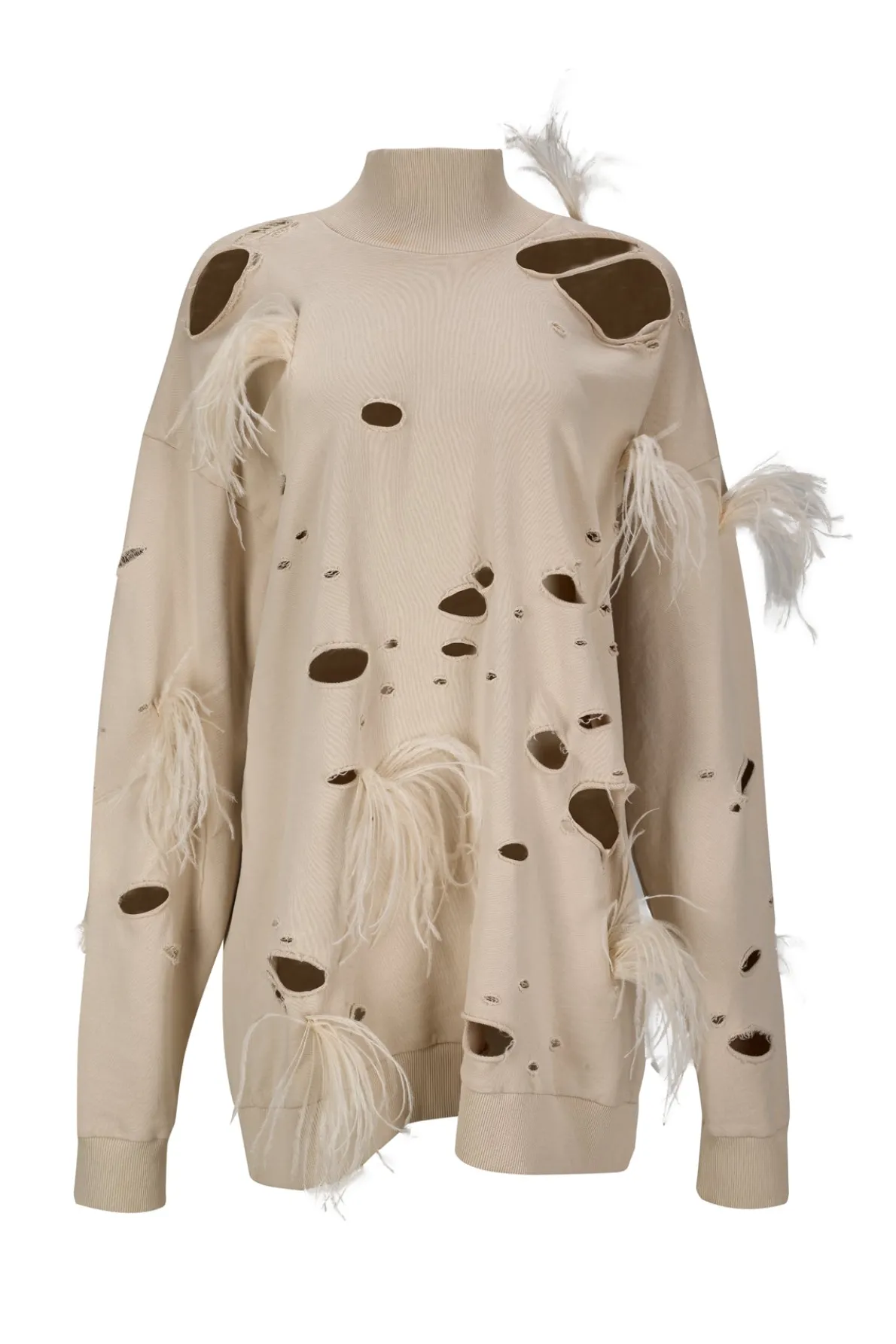 BEIGE DISTRESSED TURTLENECK WITH FEATHERS