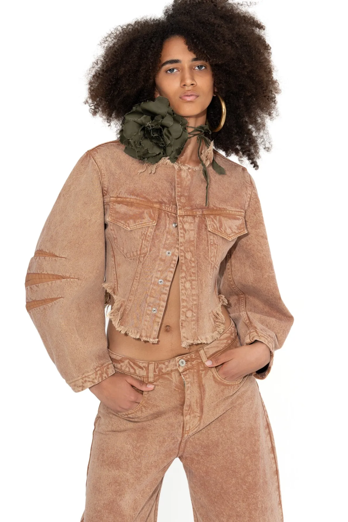 BROWN ROUND SLEEVE CROPPED JACKET