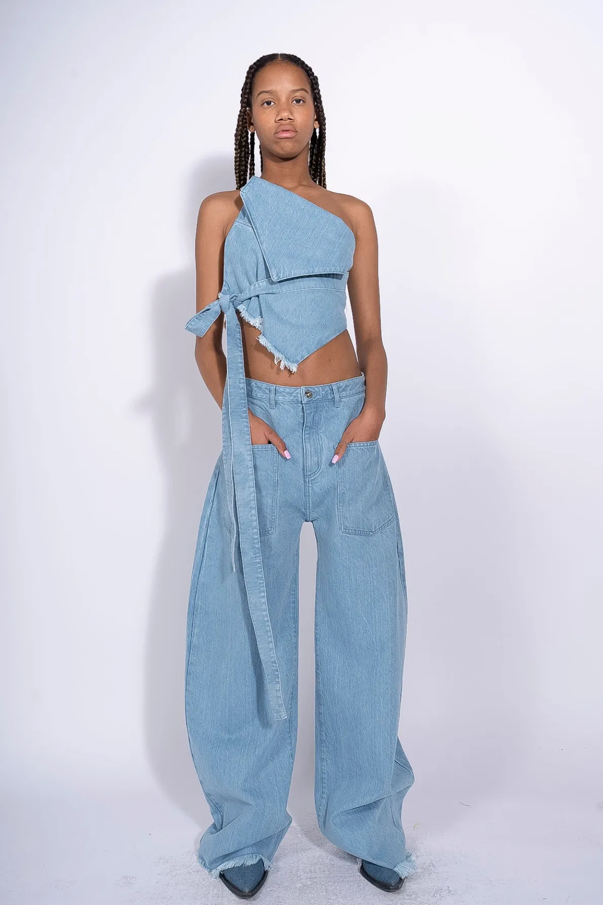BLUE DENIM PATCH POCKET BOYFRIEND TROUSERS