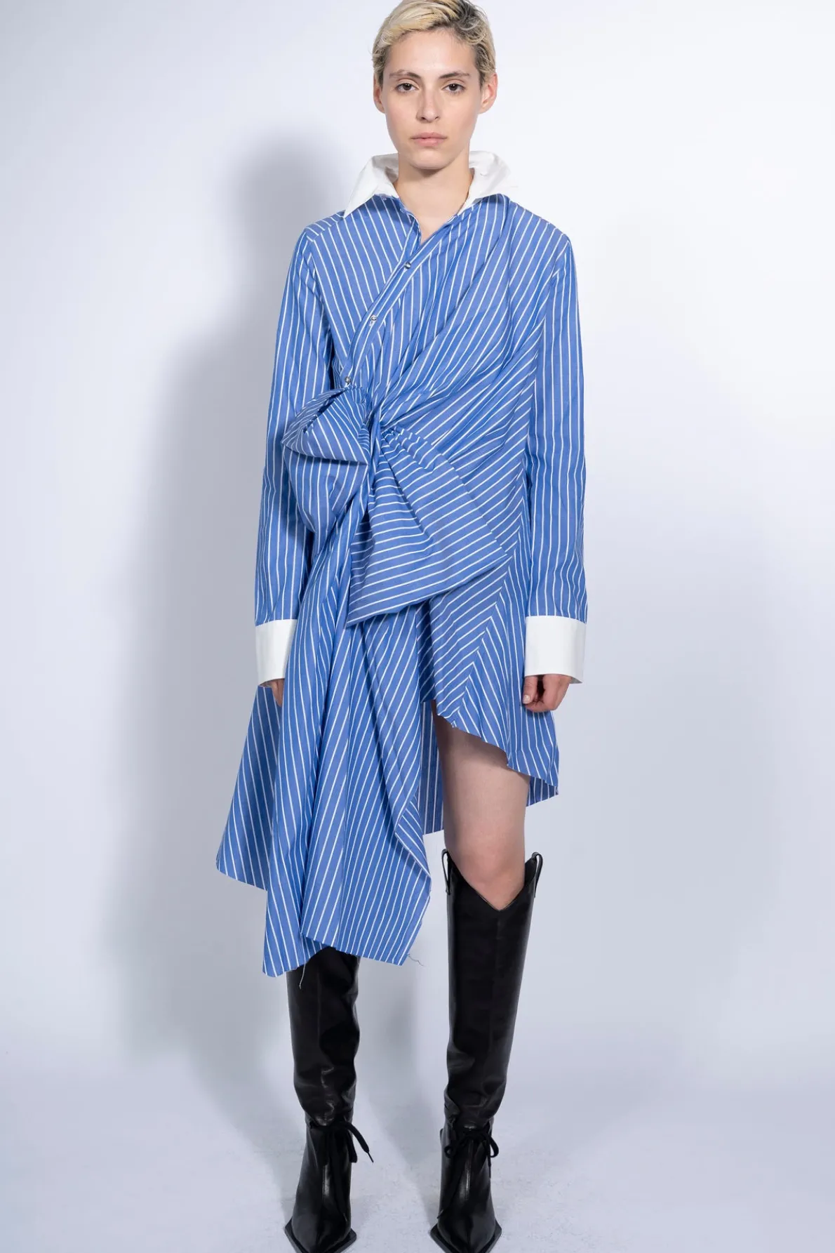 BLUE STRIPED SHIRT DRESS WITH SIDE BOW