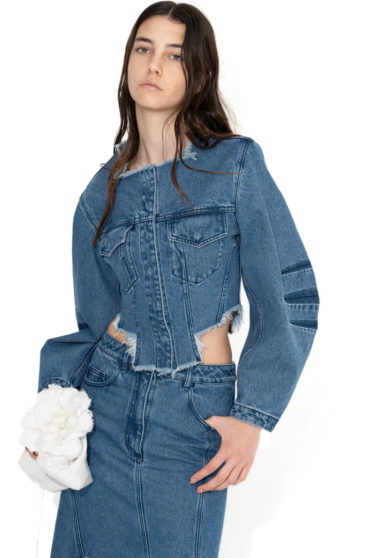 MID BLUE ROUND SLEEVE CROPPED JACKET