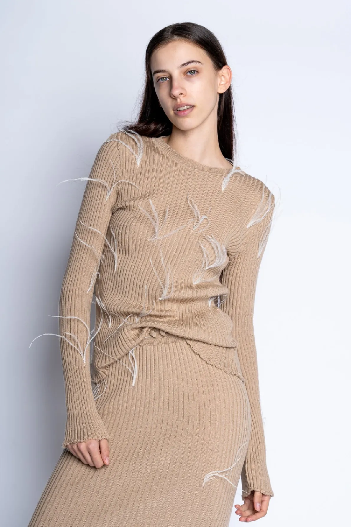 BEIGE MERINO FEATHER CREW NECK TOP