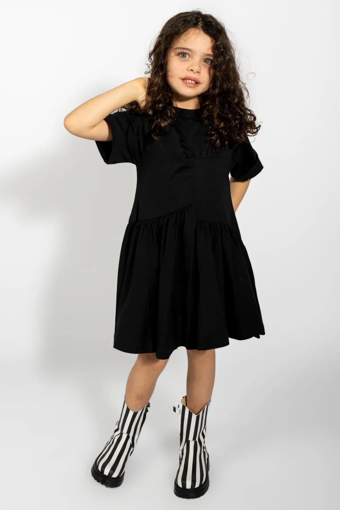 BLACK GATHERED JERSEY T-SHIRT DRESS