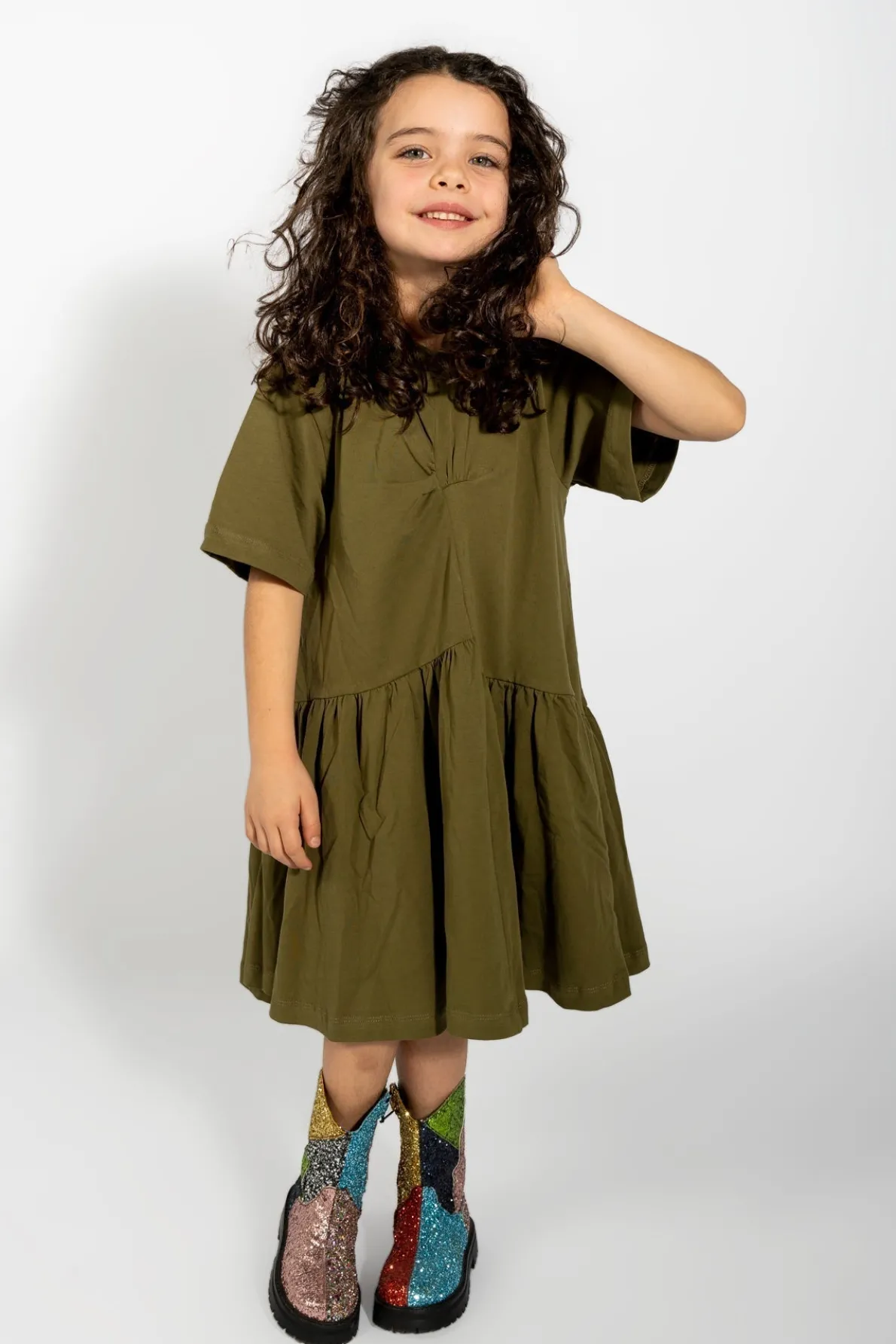 KHAKI GATHERED JERSEY T-SHIRT DRESS