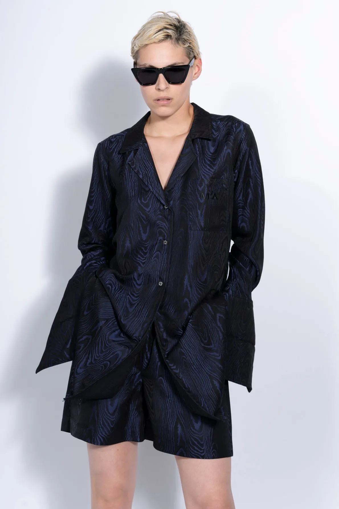 NAVY EMBROIDERED PYJAMA BLOUSE