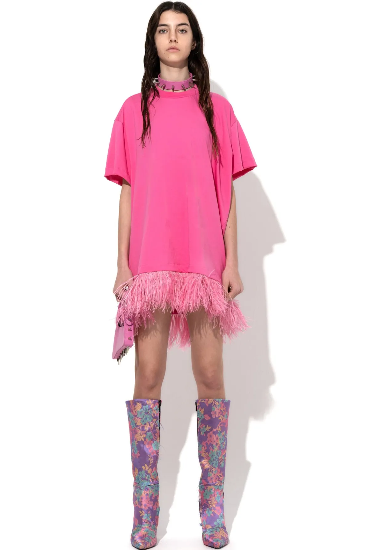 BRIGHT PINK FEATHER HEM T-SHIRT