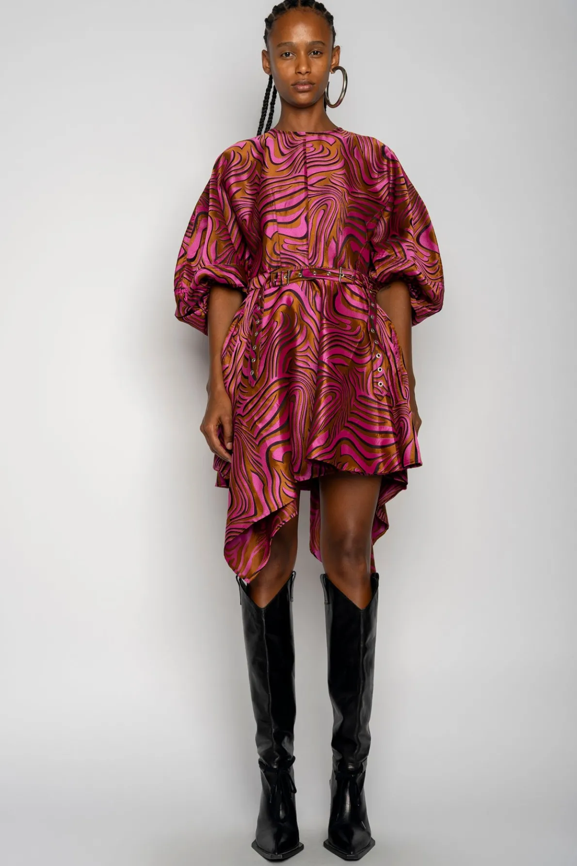 PINK ZEBRA BROCADE BALLOON SLEEVE DRESS