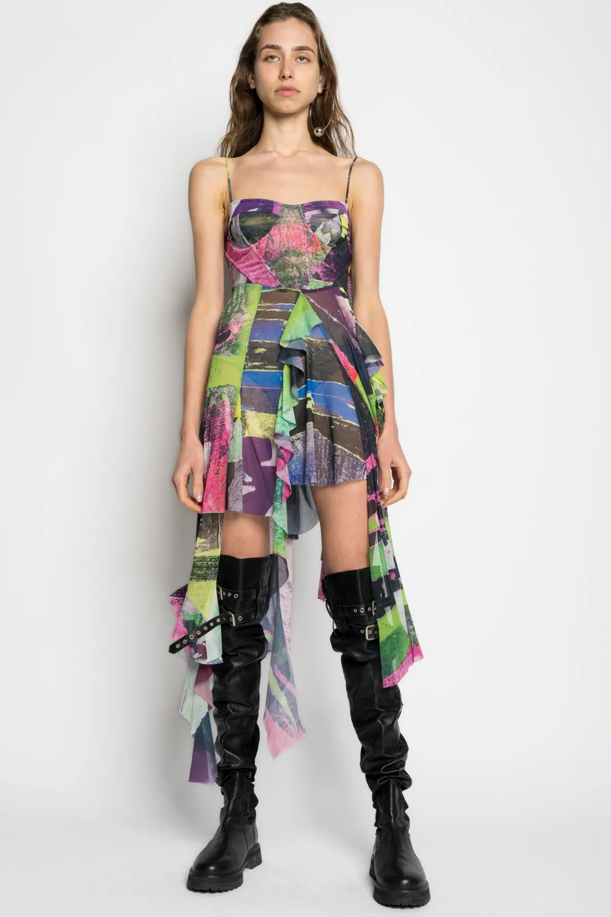 GRAFFITI PRINT MESH CORSET DRESS
