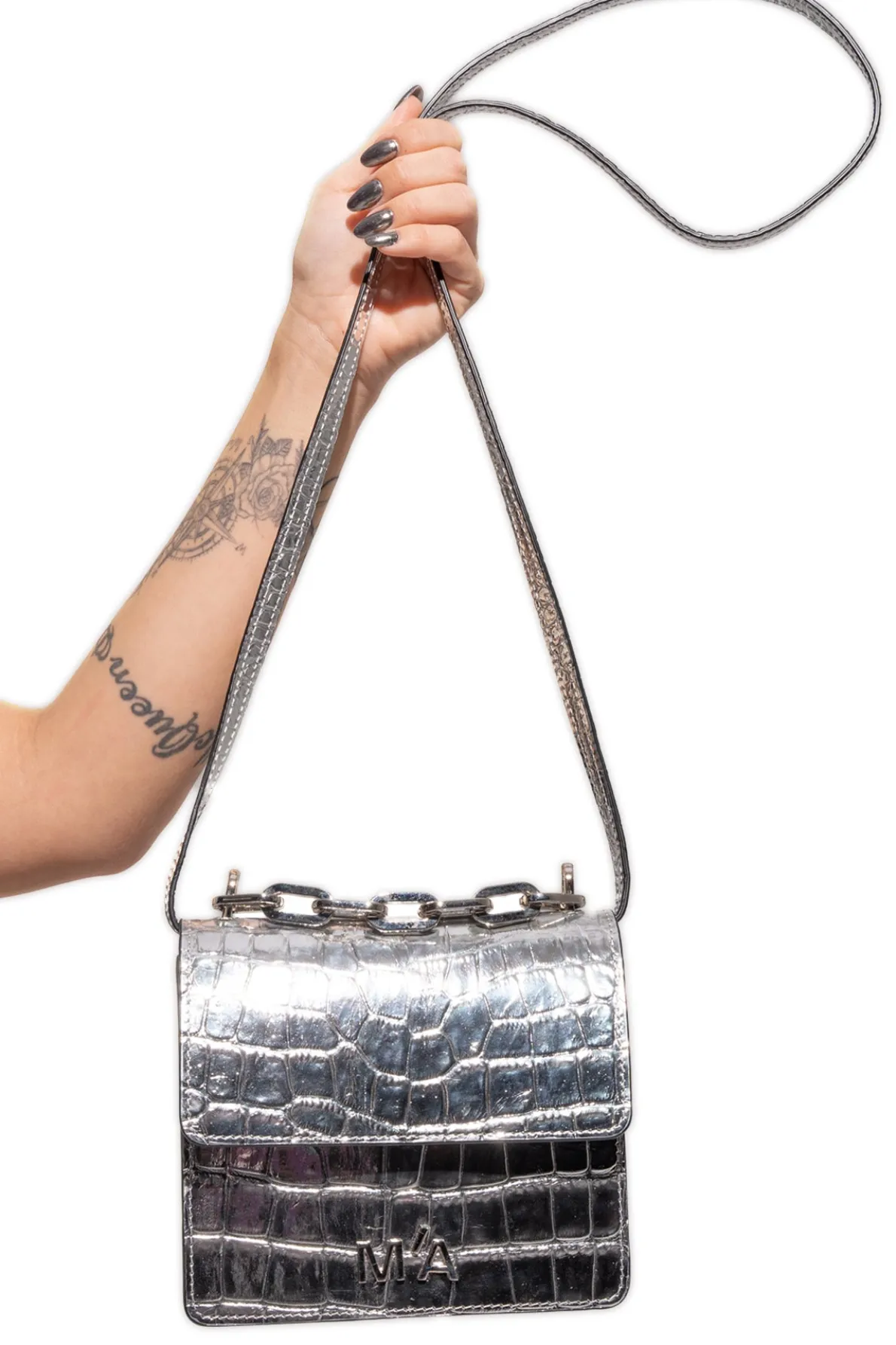 MINI CHAIN BAG IN SILVER CROCO