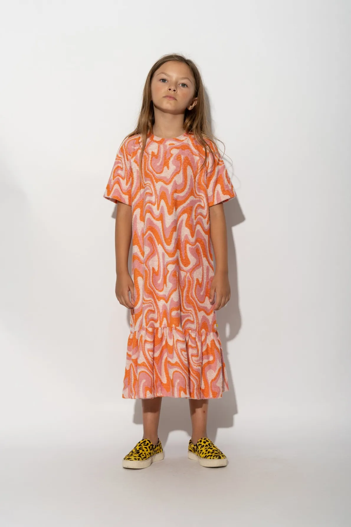 TERRY WAVY PRINT GATHERED DRESS