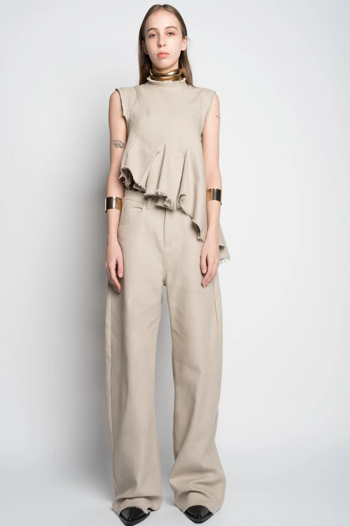 BEIGE WOVEN BOYFRIEND TROUSERS
