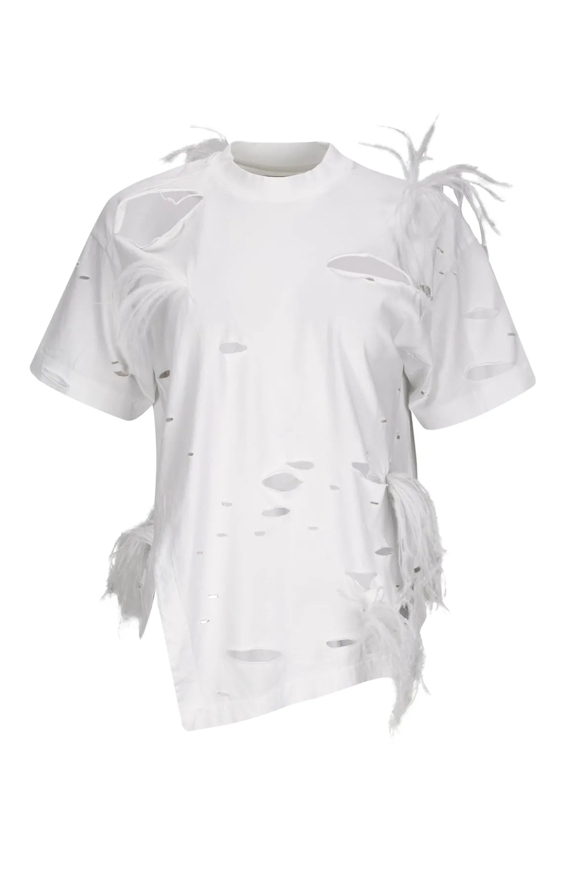WHITE DISTRESSED T-SHIRT WITH FEATHERS