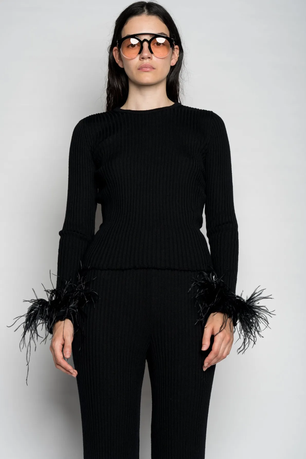 BLACK MERINO WOOL FITTED TOP WITH FEATHERS