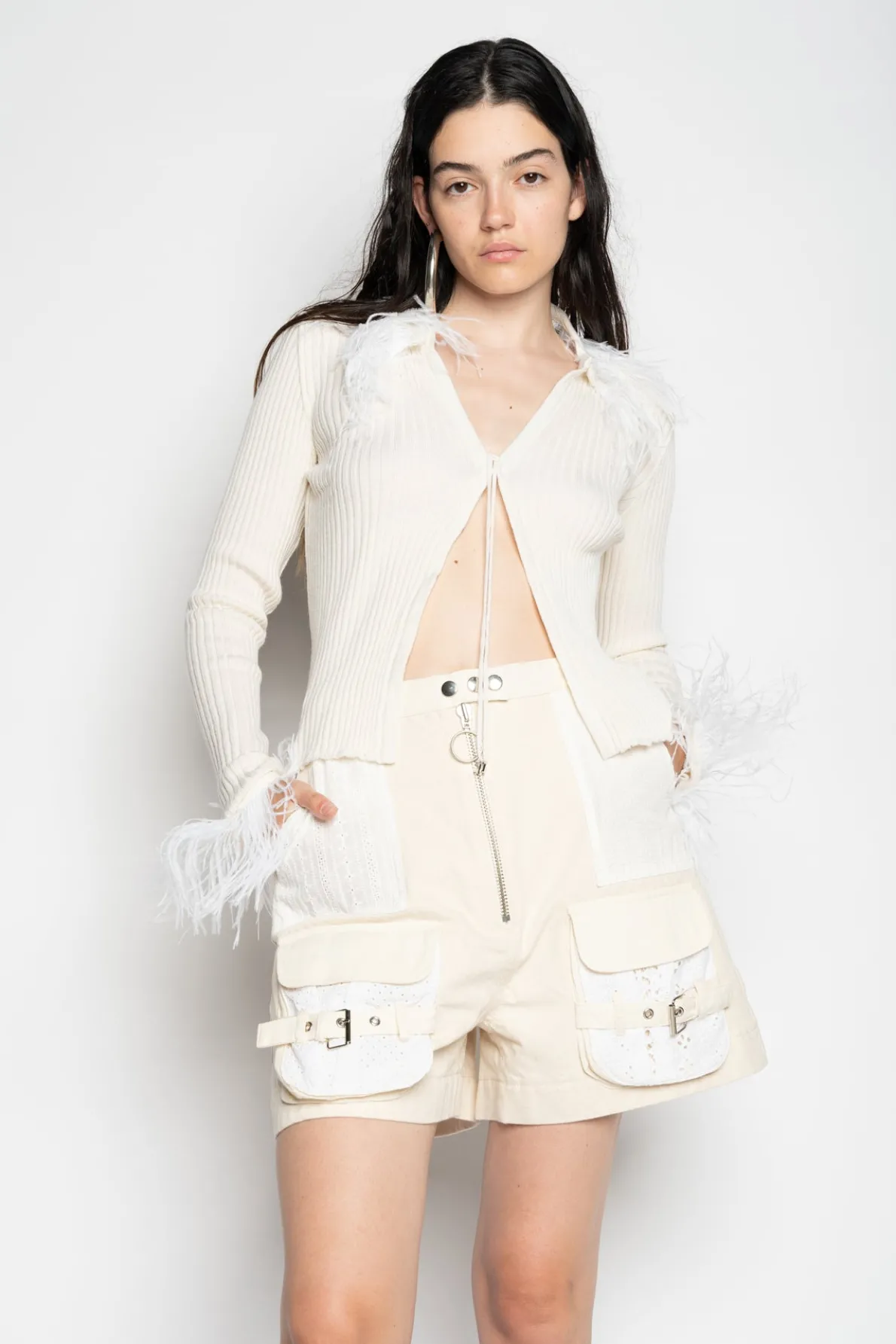 WHITE MERINO WOOL CARDIGAN WITH FEATHERS