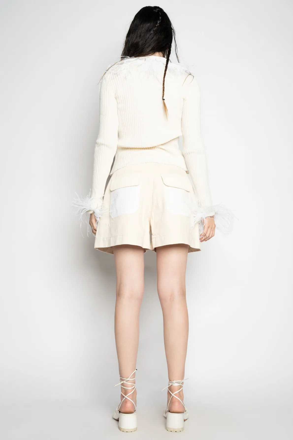 WHITE MERINO WOOL CARDIGAN WITH FEATHERS