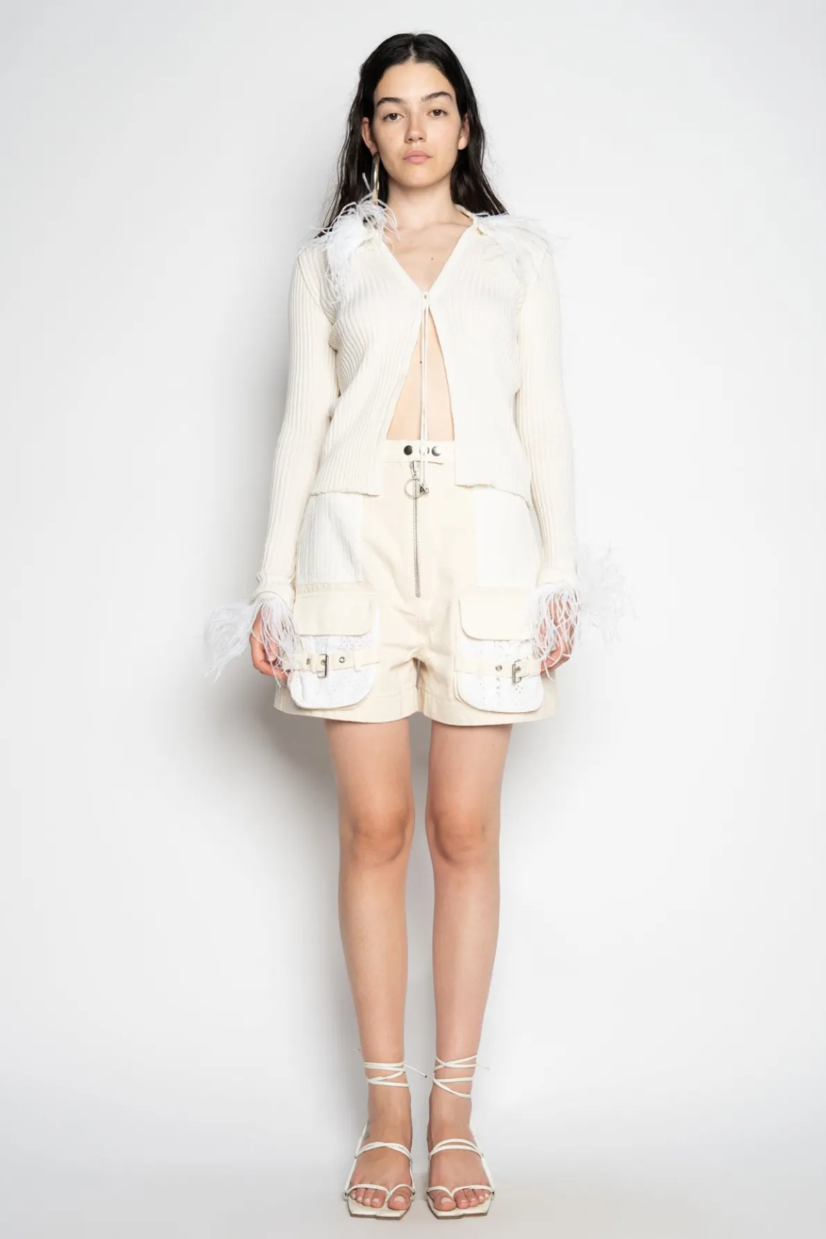 WHITE MERINO WOOL CARDIGAN WITH FEATHERS