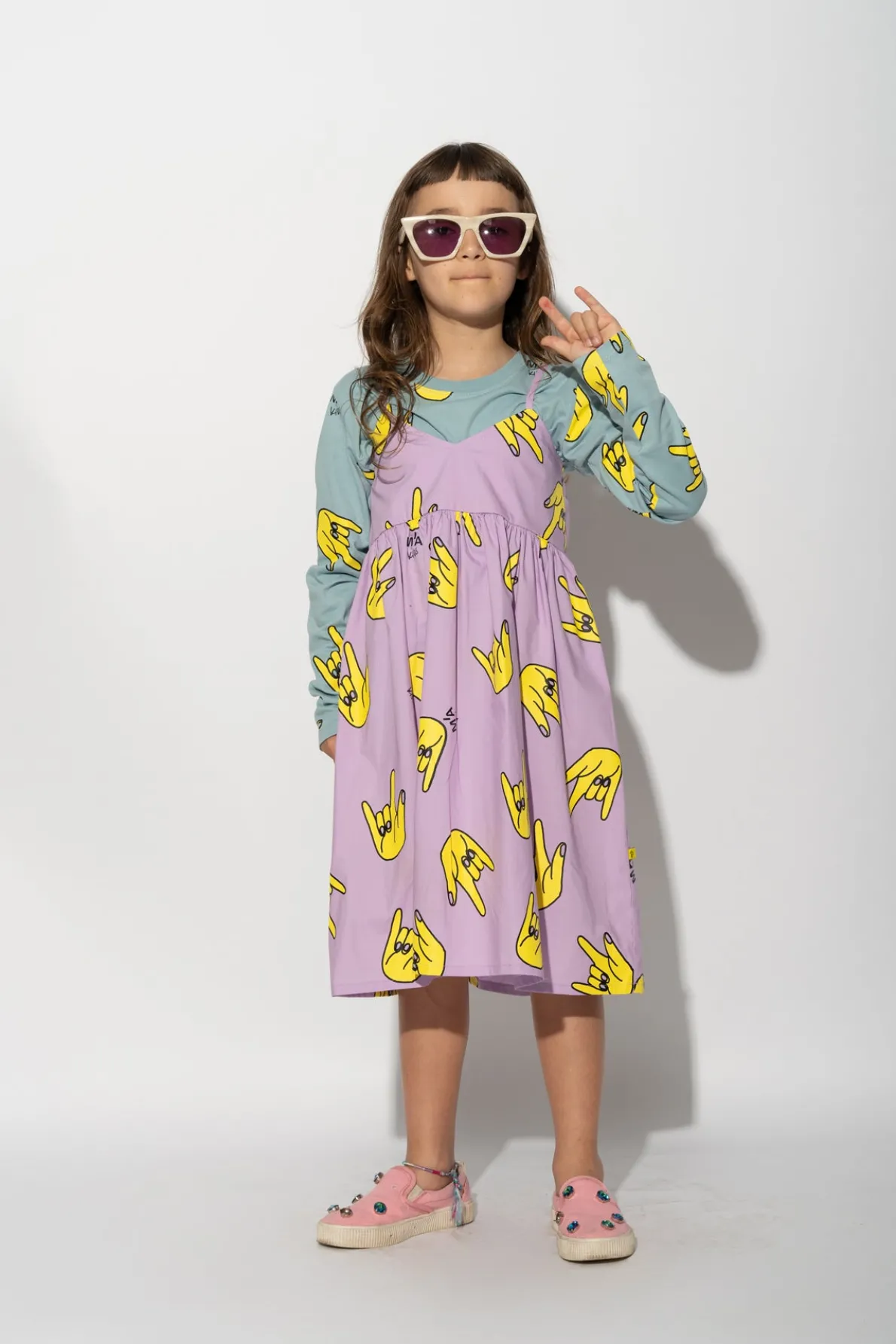 LILAC HANDS PRINT STRAP DRESS