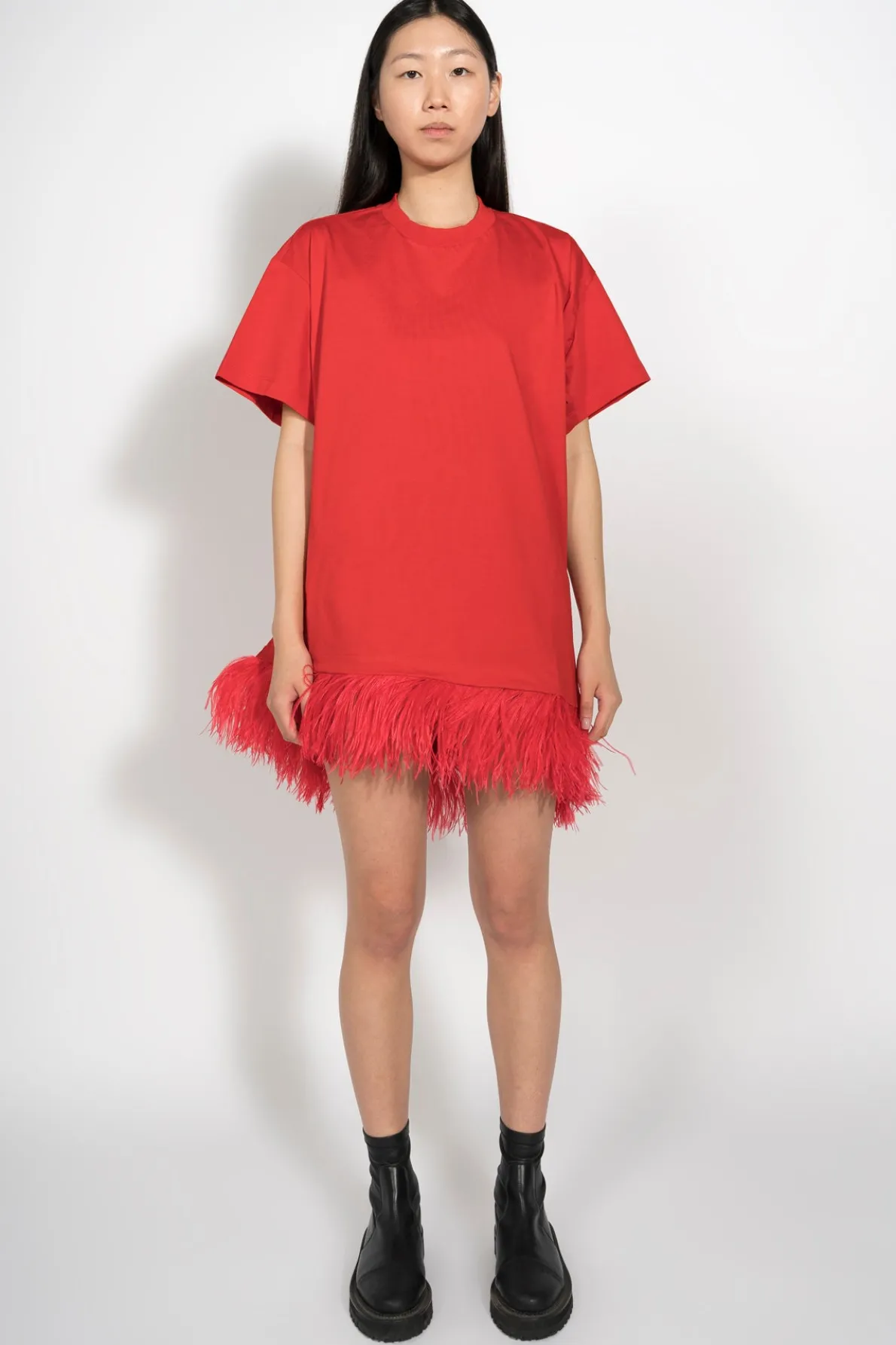 RED FEATHER HEM T-SHIRT DRESS