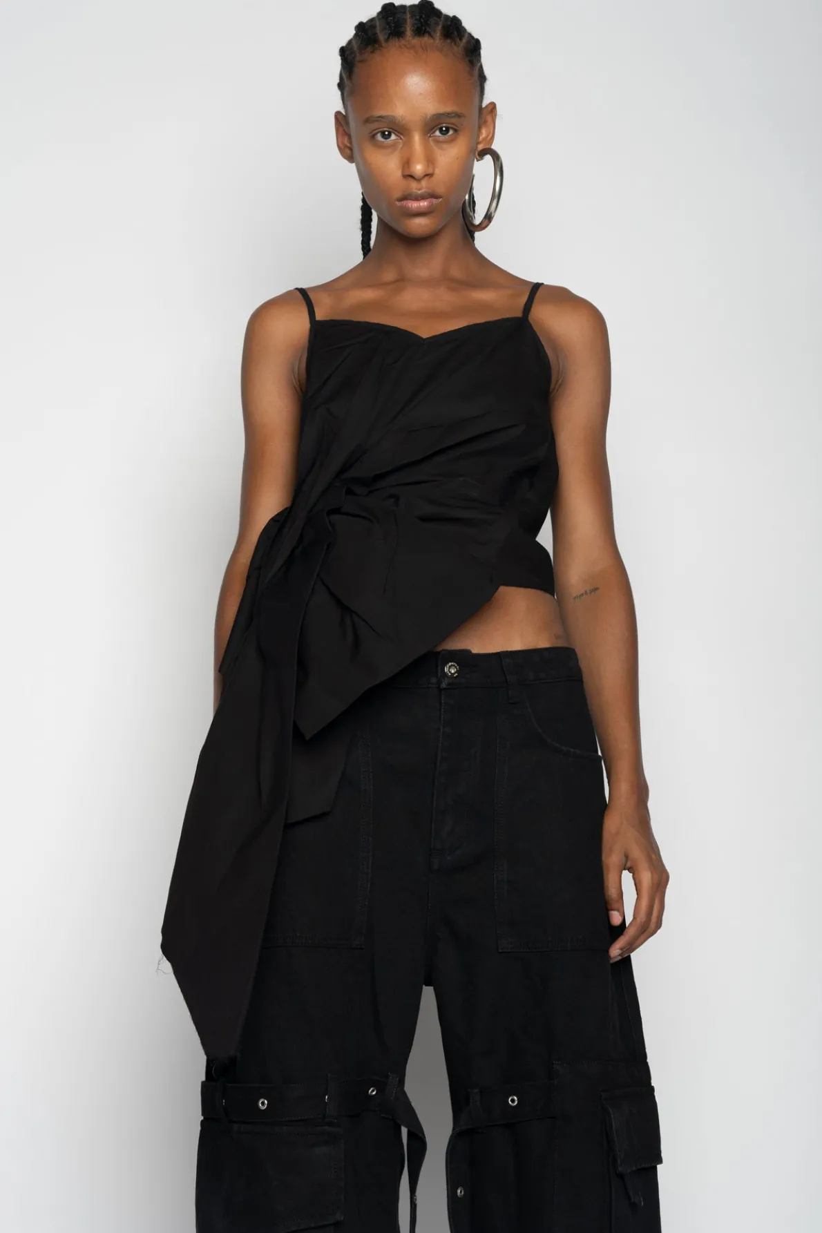 BLACK STRAP TOP WITH SIDE DRAPE