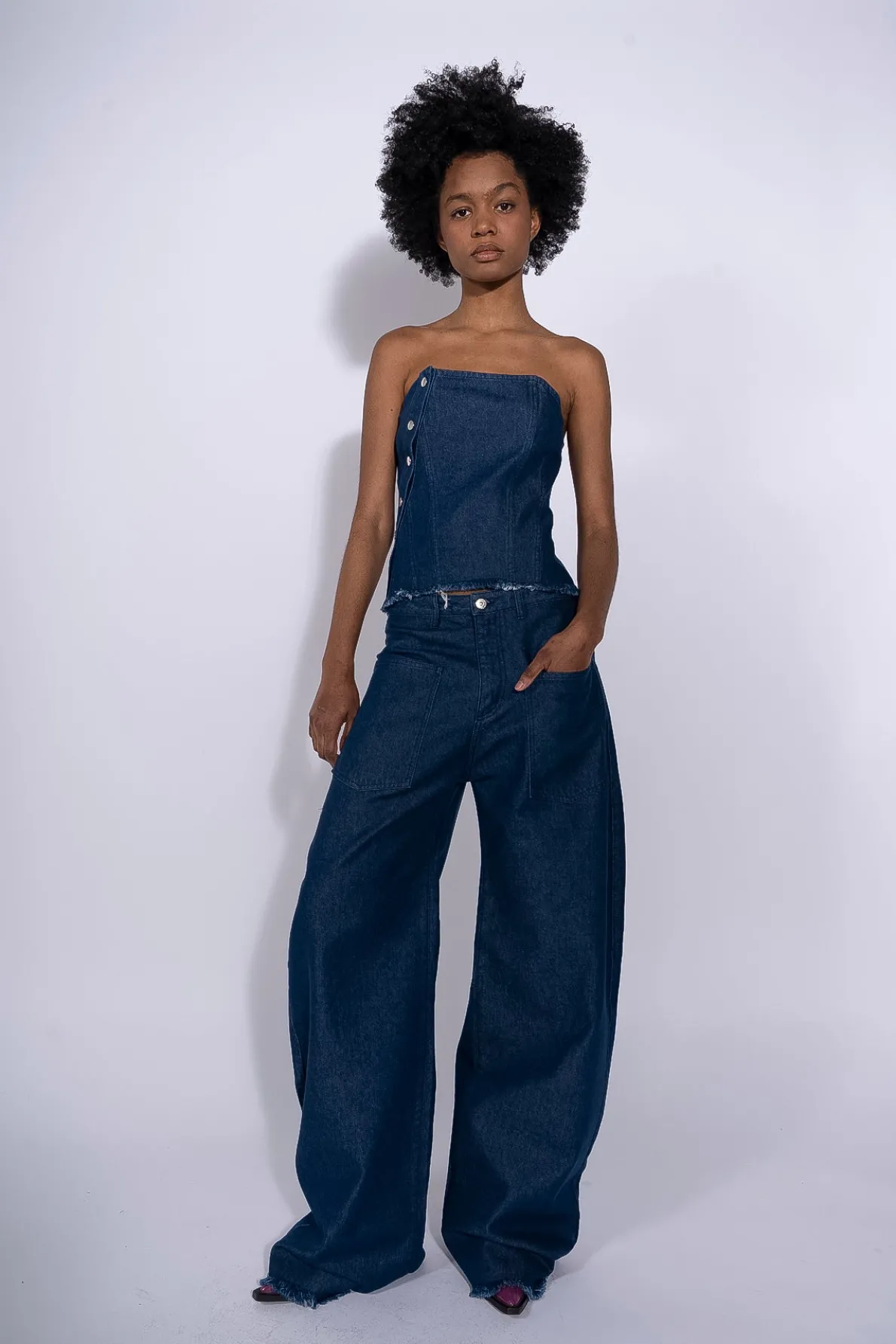 NAVY DENIM PATCH POCKET BOYFRIEND TROUSERS