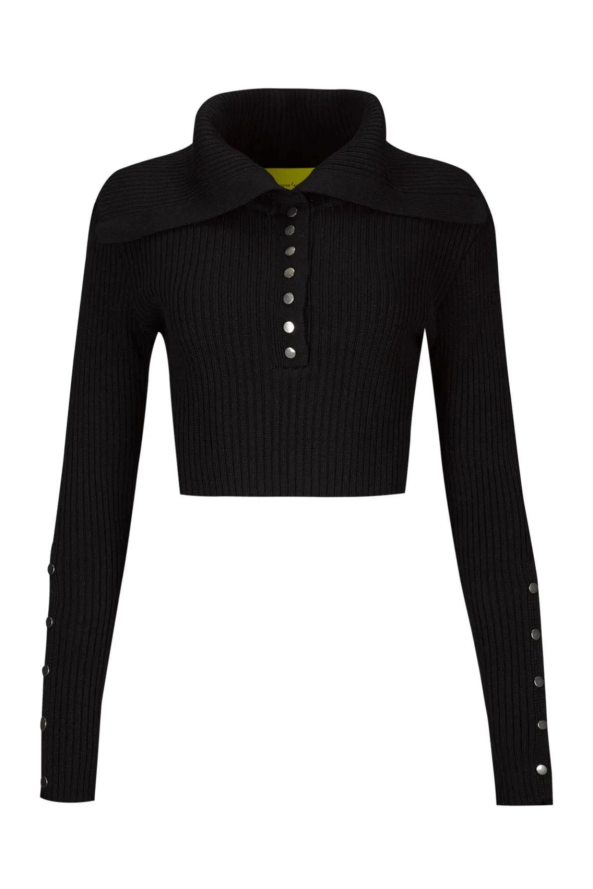 BLACK MERINO WOOL KNITTED CROPPED TOP WITH BIG COLLAR