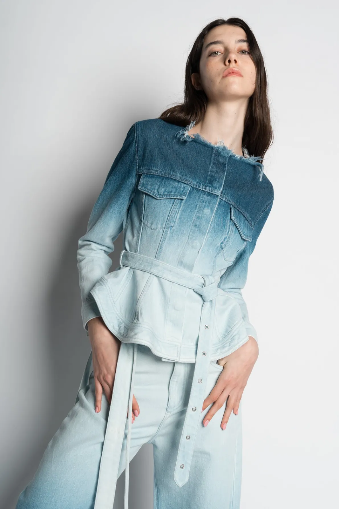 OMBRE DENIM BLUE BELTED JACKET