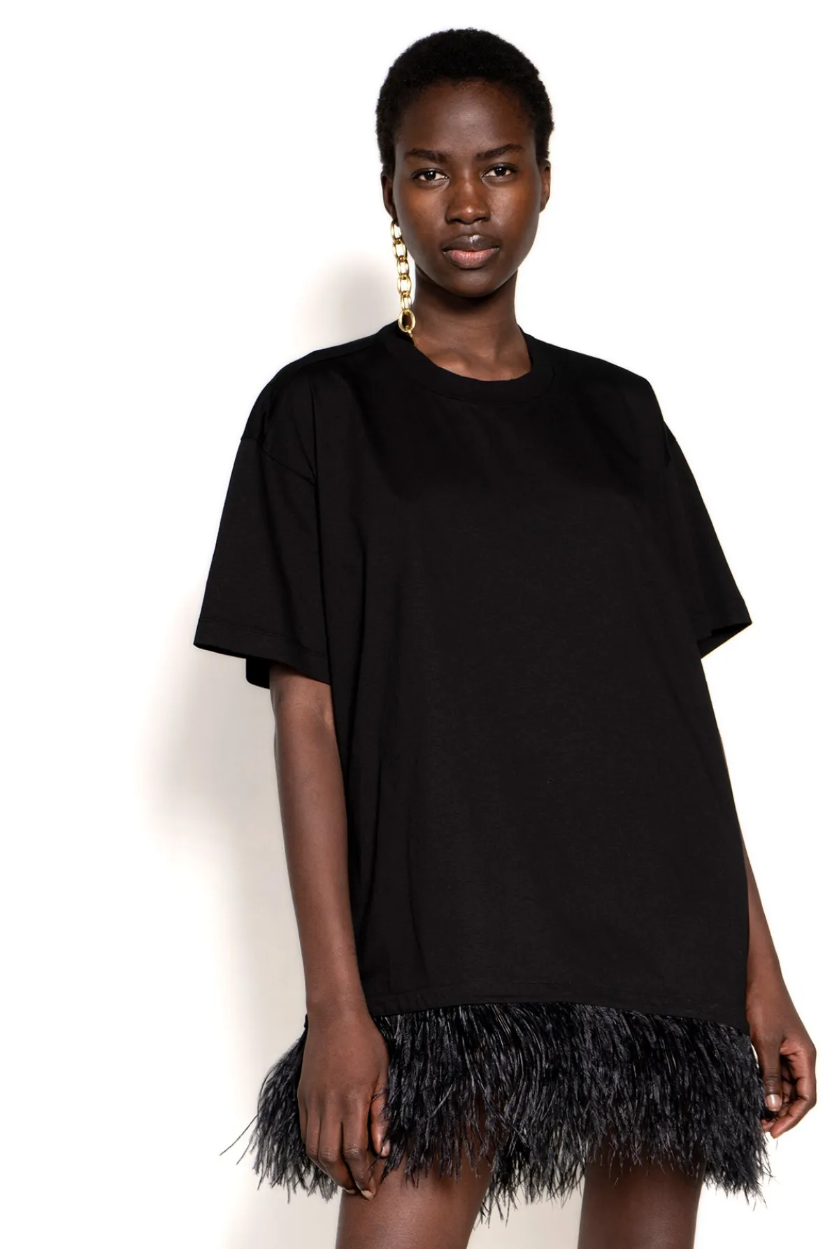 BLACK FEATHER HEM T-SHIRT DRESS