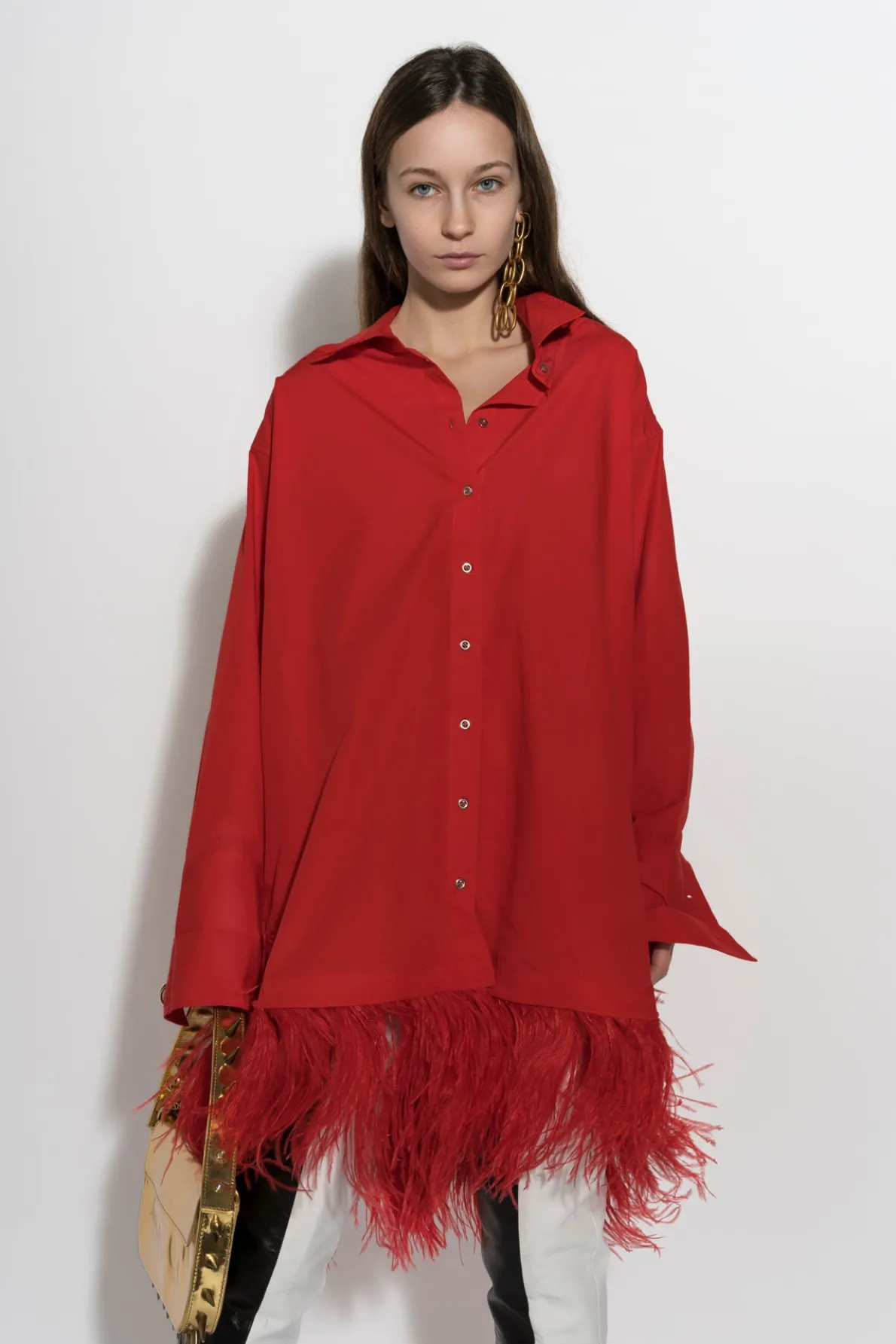 RED FEATHER HEM SHIRT DRESS