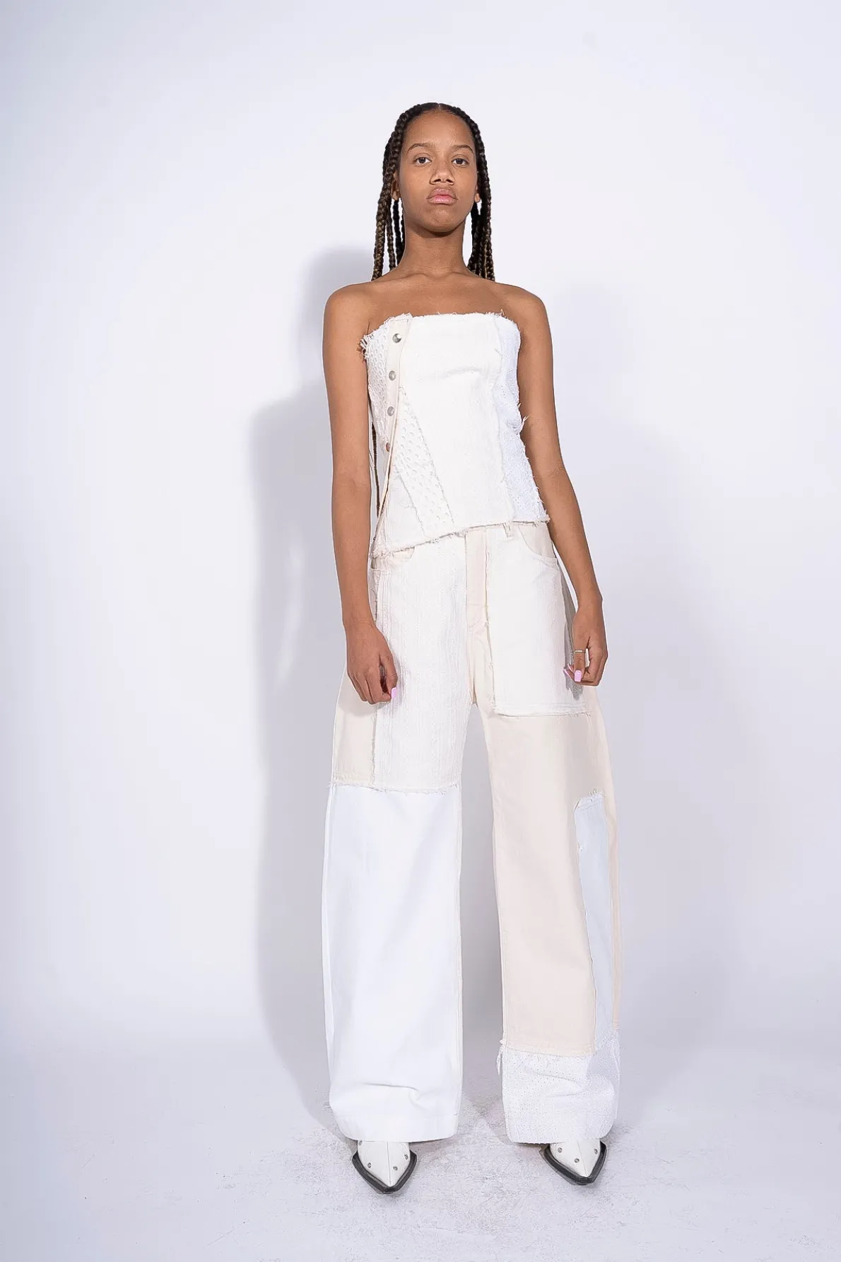 WHITE PATCHWORK BOYFRIEND TROUSERS