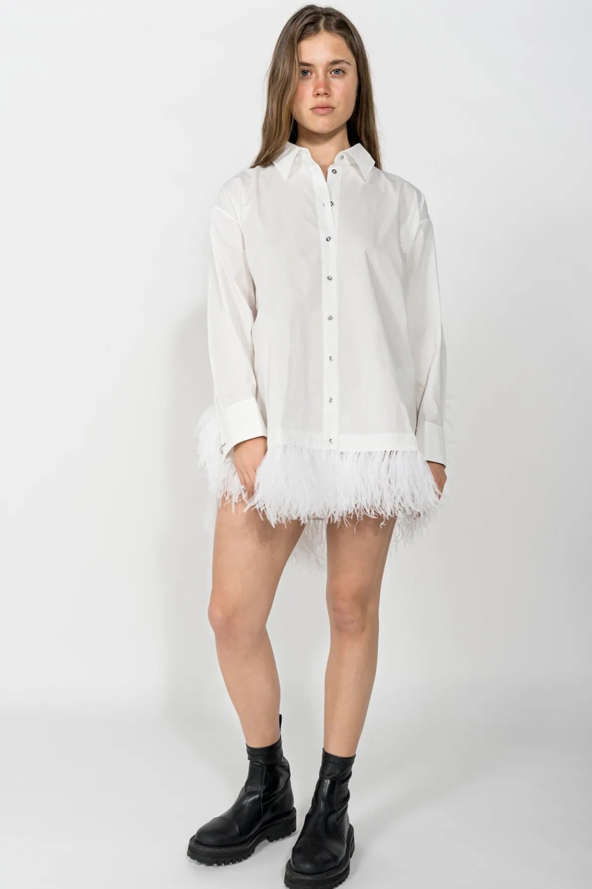 WHITE FEATHER HEM SHIRT DRESS
