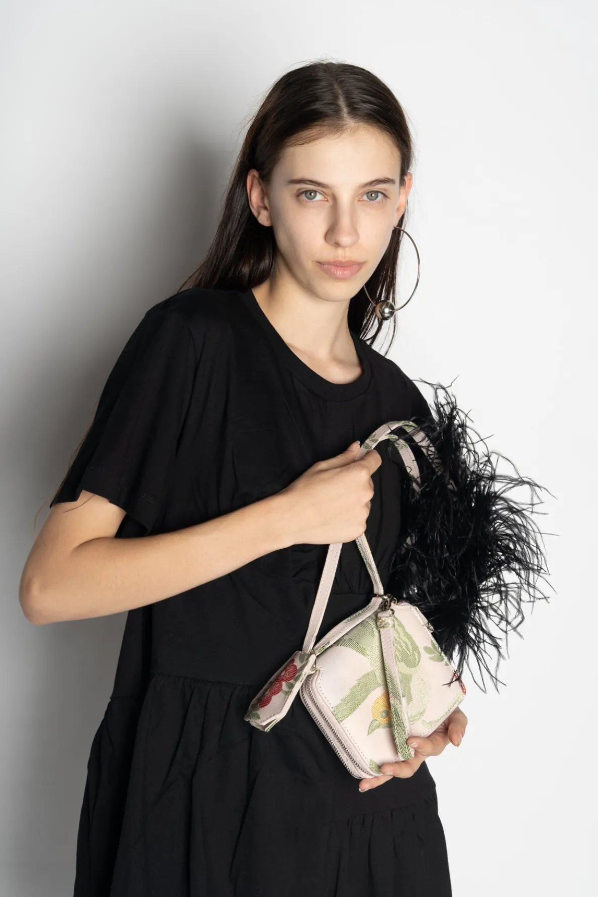 BIRD BROCADE WALLET BAG WITH FEATHER STRAP