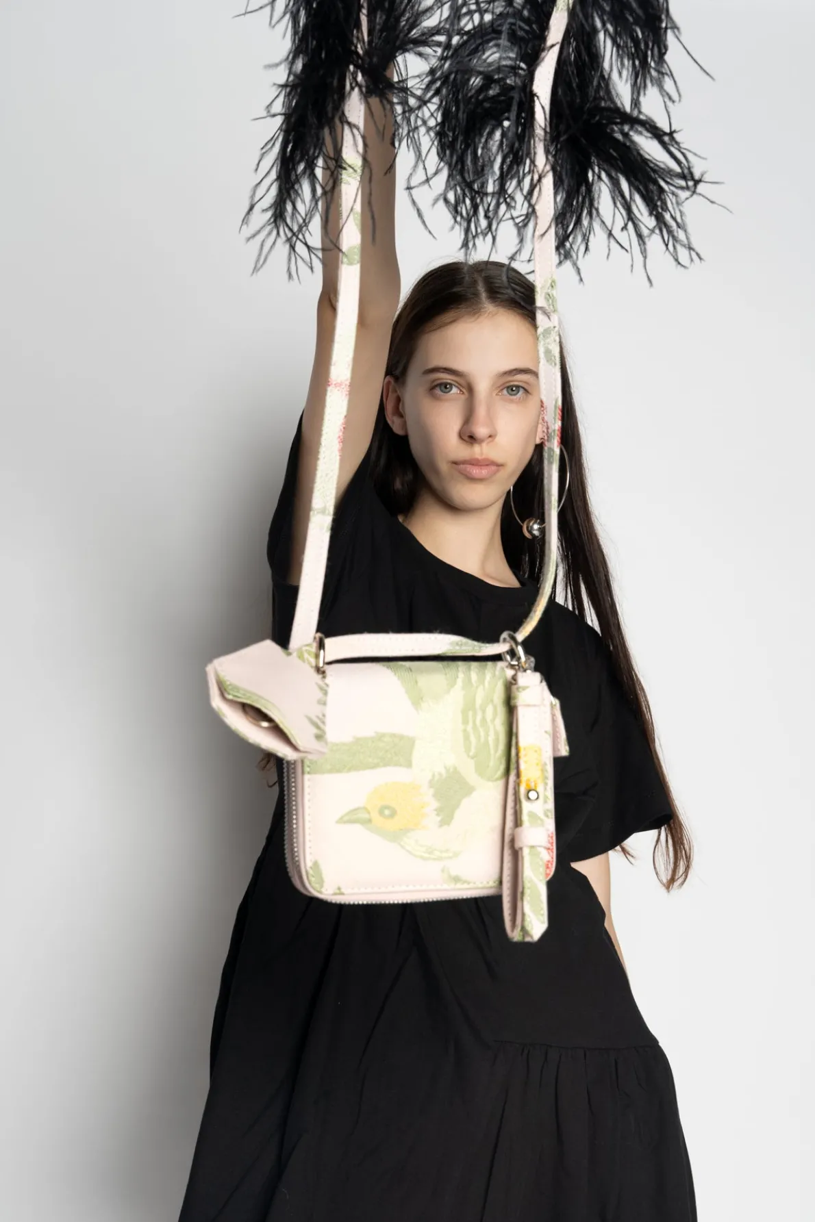 BIRD BROCADE WALLET BAG WITH FEATHER STRAP