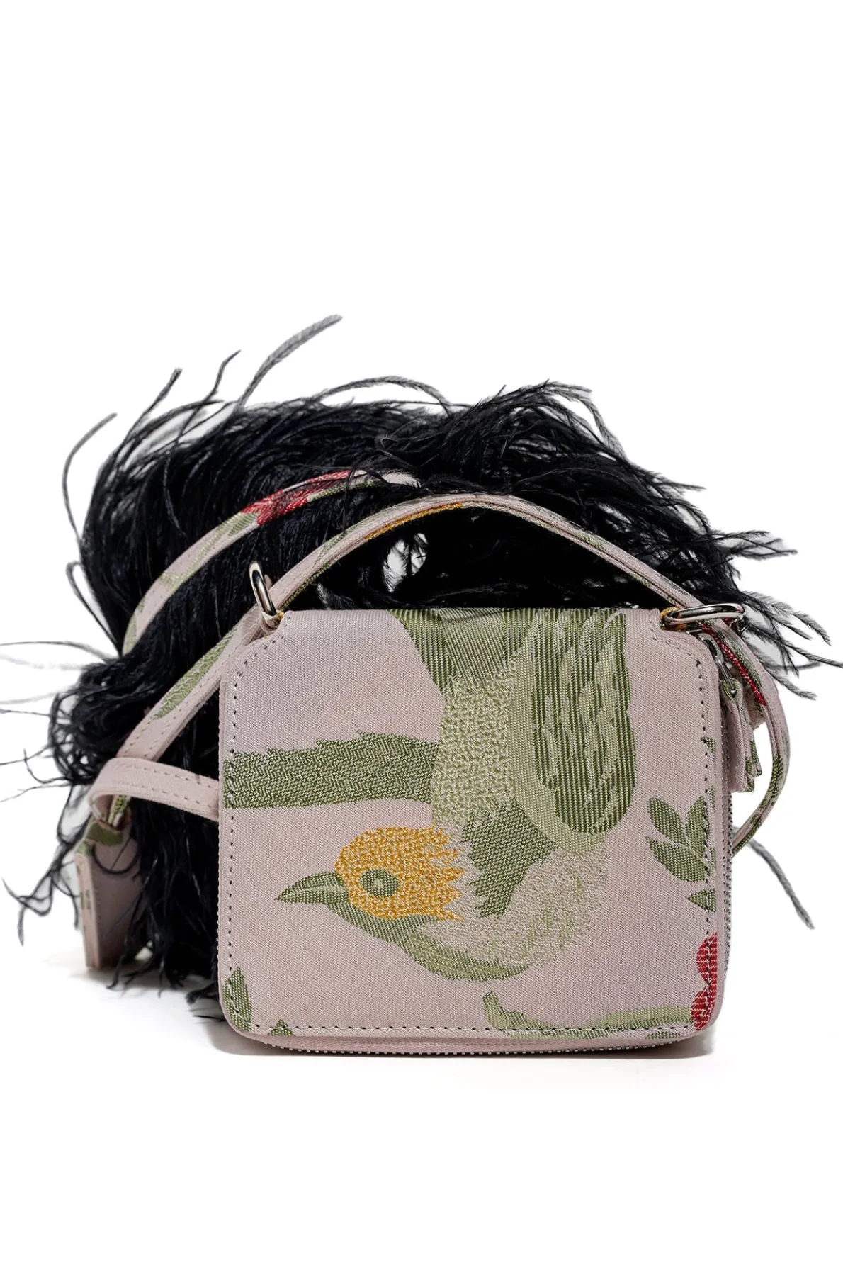 BIRD BROCADE WALLET BAG WITH FEATHER STRAP