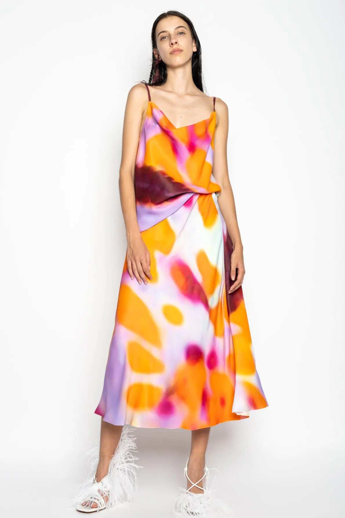 SLIP PRINTED SATIN SPAGHETTI STRAP TOP