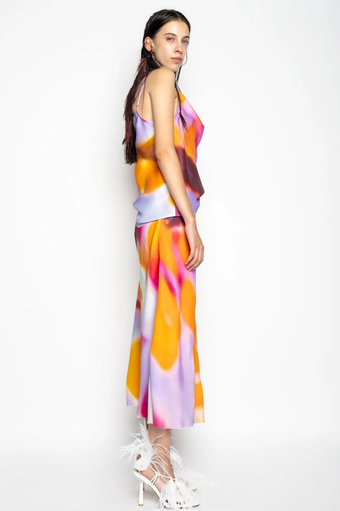 SLIP PRINTED SATIN SPAGHETTI STRAP TOP