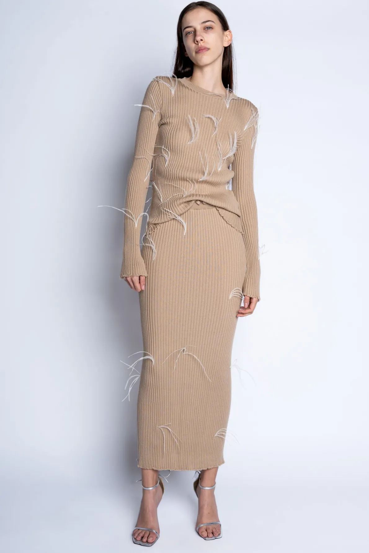 BEIGE MERINO WOOL FEATHER LONG SKIRT