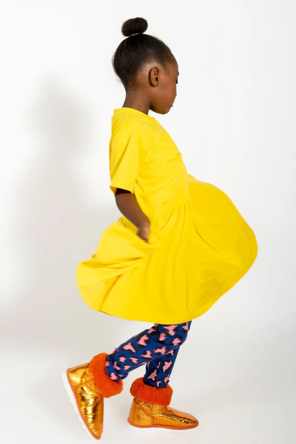 YELLOW GATHERED JERSEY T-SHIRT DRESS