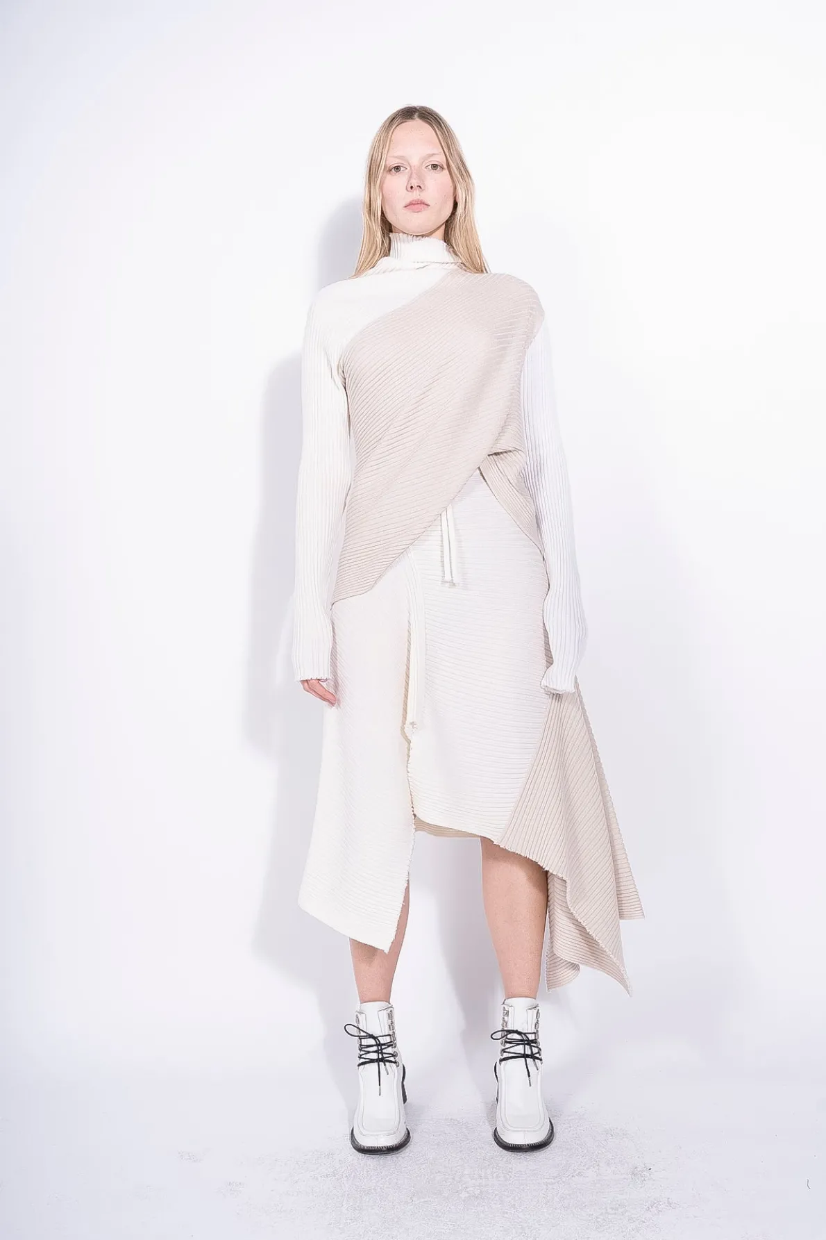 BEIGE PATCHWORK DRAPED JUMPER IN MERINO KNIT