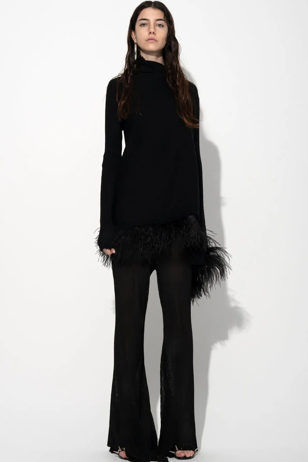 BLACK MERINO WOOL DRAPED JUMPER WITH FEATHERS