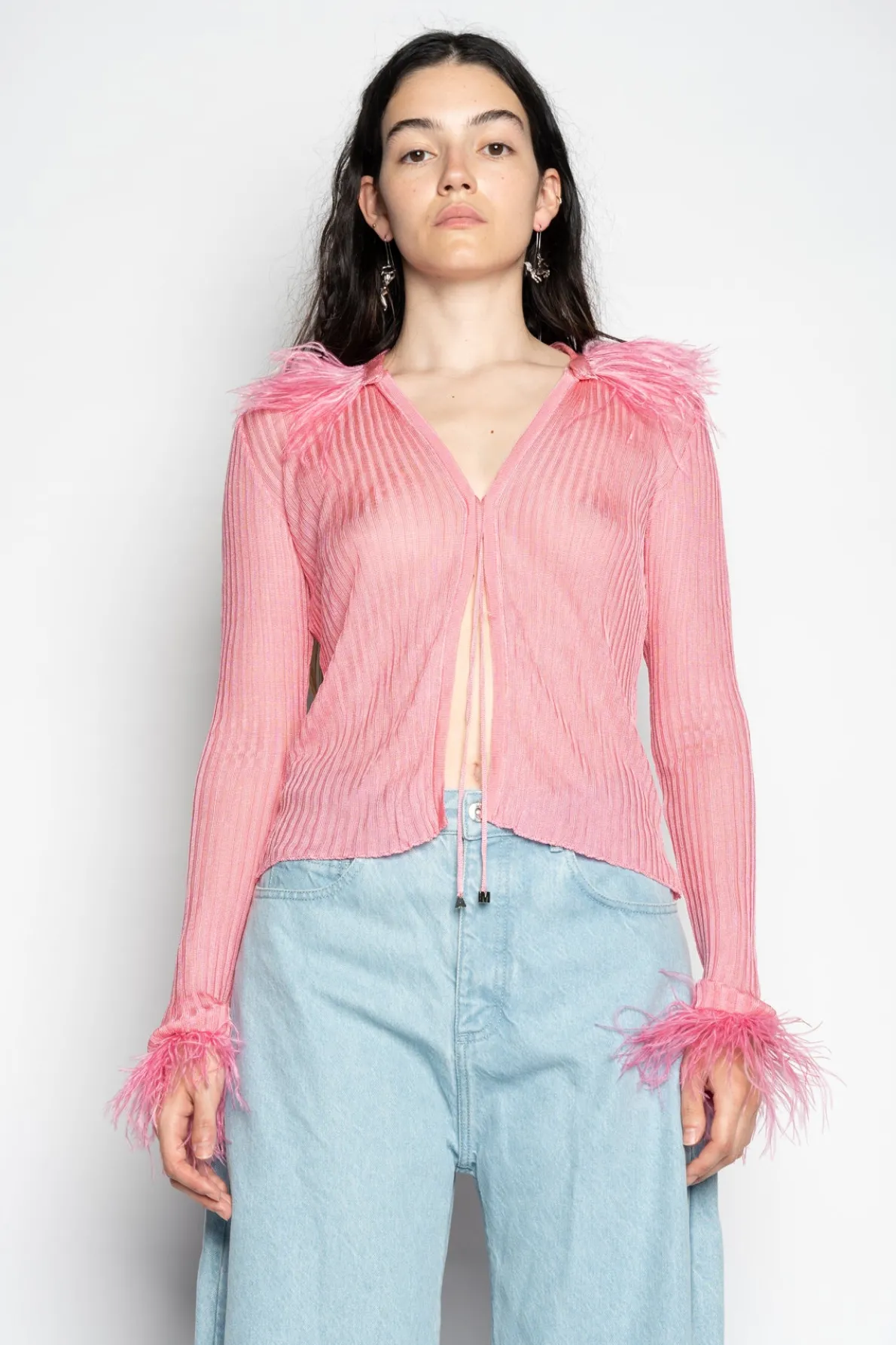 LIGHT PINK VISCOSE KNITTED TOP WITH FEATHERS