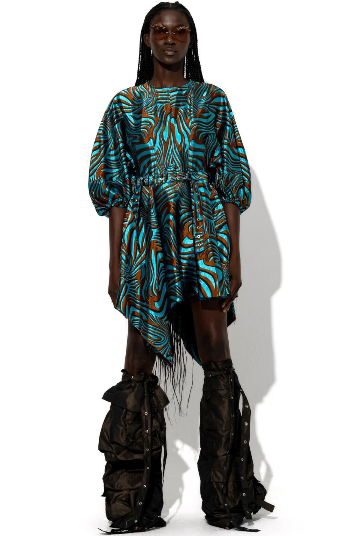 BLUE ZEBRA BROCADE BALLOON SLEEVE DRESS