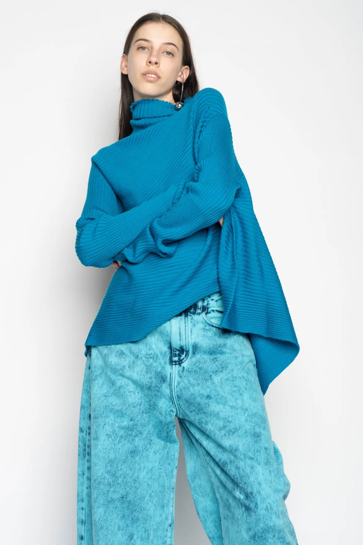 TURQUOISE DRAPED JUMPER IN MERINO KNIT