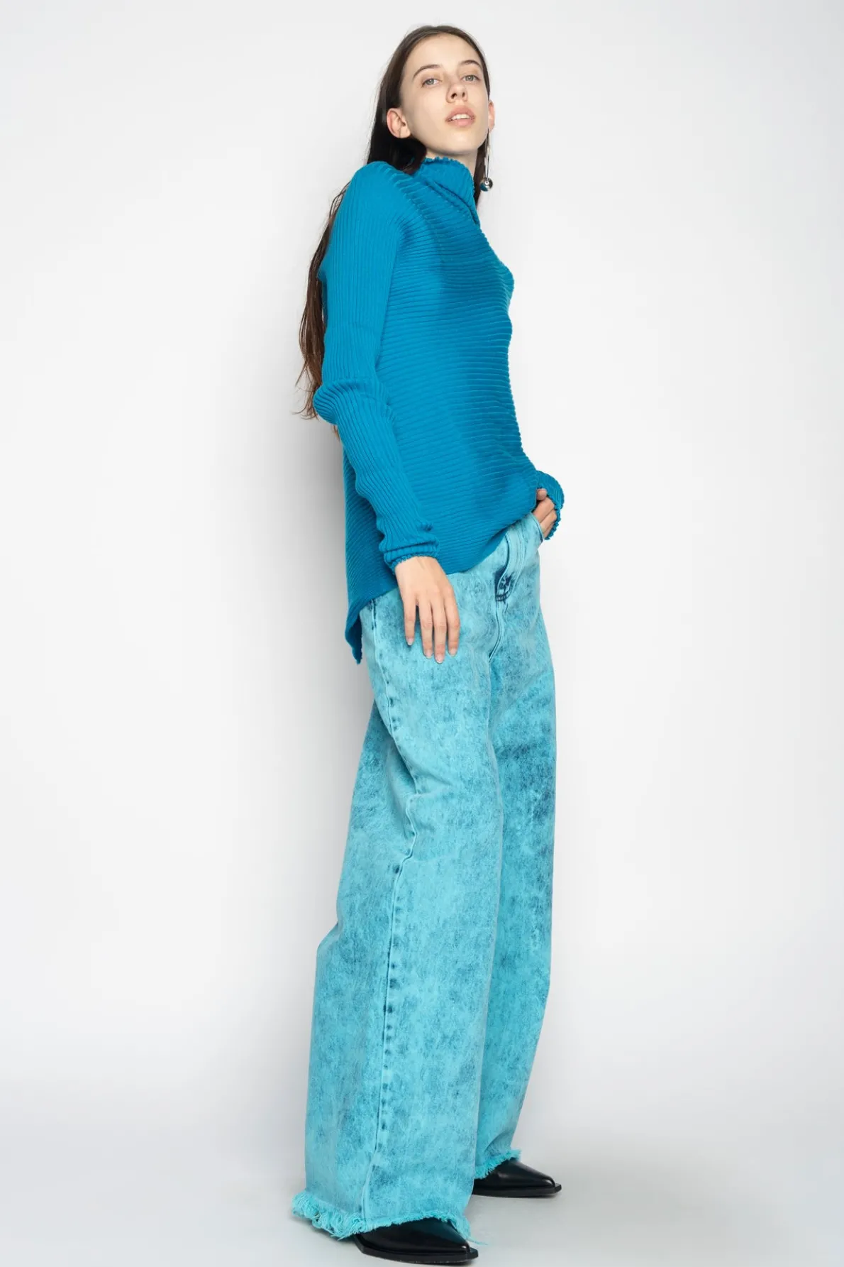 TURQUOISE DRAPED JUMPER IN MERINO KNIT